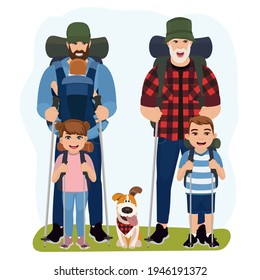 Male couple with their children walking on nature. LGBT. Active tourists or hikers camping or trekking with backpacks. Summer activity, holiday and leisure concept. Vector illustration.