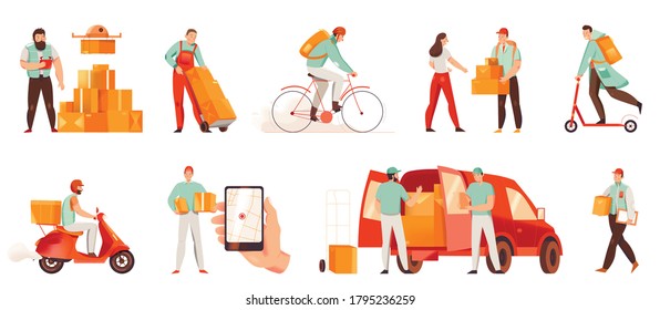 Male courier characters from delivery service delivering goods by drone car scooter motorcycle bike on foot flat icons set isolated vector illustration