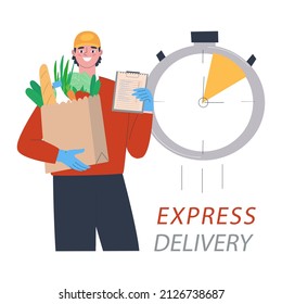 The male courier delivered the order. Service for the delivery of goods from online stores. Fast shipping. Flat vector illustration. Eps10