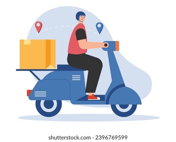 A male courier is delivering a customer's package to his house, using a helmet and motorbike. Character design. Vector flat illustration