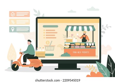 Male courier delivering dairy food on moped. Delivery man takes order from local milk shop. Website ecological food on computer screen. Assortment of milk, sour cream, yogurt and eggs in online store.