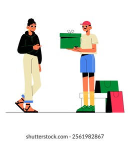 Male Courier Delivering Gift Box To Female Customer In Flat Vector Illustration Symbolizing Order Delivery, Shopping, And Customer Service, Isolated On White Background.