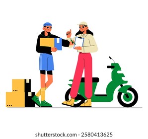 Male Courier Delivering Package To Female Customer Near Scooter In Flat Vector Illustration Symbolizing Delivery Service, E Commerce, And Logistics, Isolated On White Background.