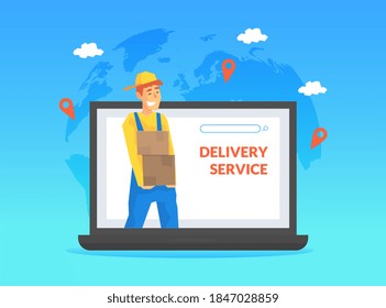 Male Courier Delivering Parcel Box through Computer Screen, Online Delivery Service, E-commerce Concept Vector Illustration