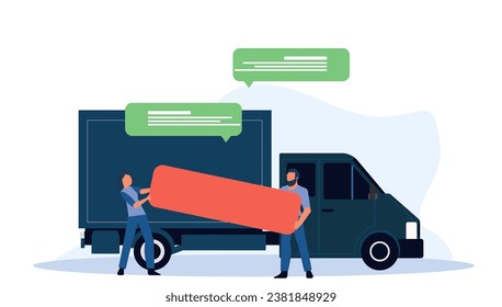 A male courier delivers goods around the city in a truck. Free shipping vector illustration