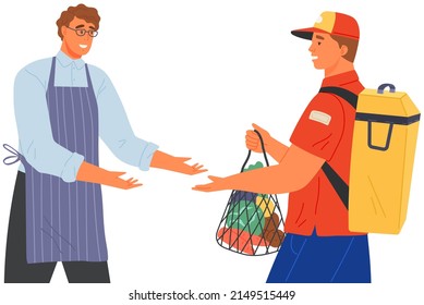 Male courier delivers package to customer. Delivery man carries groceries, goods from shop. Delivery company employee giving food products in packages. Goods transport service worker and client