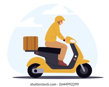 O mensageiro masculino entrega o pacote na scooter para o endereço. Homem com capacete dirigindo ciclomotor. Ordem logística. Entregador com caixa de encomendas. Transporte de supermercado de alimentos. Tráfego de transporte