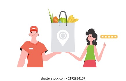 A male courier delivers a package of products. Home delivery concept. Isolated. trendy style. Vector.