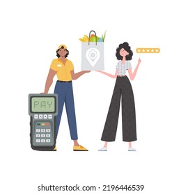 A male courier delivers a package of products. Home delivery concept. Isolated. Cartoon style. Vector.