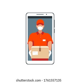 Male courier delivery man in a medical protective face mask with a box on the smartphone screen. Concept of online shopping and safe delivery during the coronavirus pandemic. Stock vector illustration