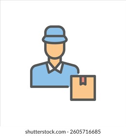 male courier filled outline icon. male courier color line illustration.