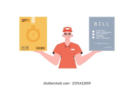 The male courier is holding a box and a check. Home products. Food delivery. Isolated. Trendy flat style. Vector.