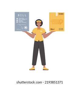 The male courier is holding a box and a check. Home delivery concept. Isolated. Trendy flat style. Vector.