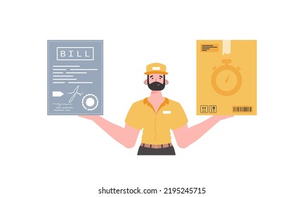 The male courier is holding a box and a check. Home delivery concept. Isolated. Cartoon style. Vector.