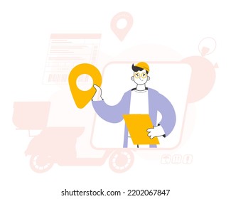 Male Courier holding tablet and geolocation tag. Line art trendy style. Vector.