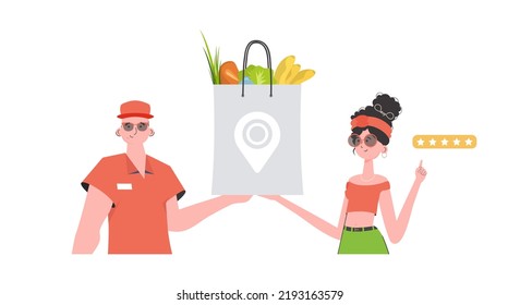 A male courier holds a bag of food. Home delivery concept. Isolated. trendy style. Vector.