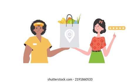 A male courier holds a package with groceries. Home delivery concept. Isolated. Trendy flat style. Vector.