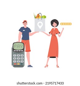 A male courier holds a package with groceries. Delivery concept. Isolated. trendy style. Vector.