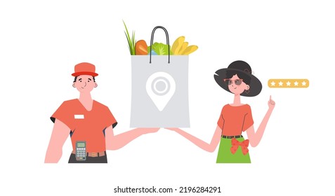 A male courier holds a package with groceries. Home products. Food delivery. Isolated. Cartoon style. Vector.