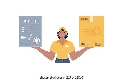 Male courier holds parcel and check. Home delivery concept. Isolated. trendy style. Vector.