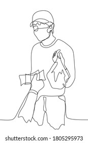 male courier in a mask stands and holds out a package with an order, in response, someone's hand holds out banknotes to him. One continuous line drawing of order delivery process and cash payment