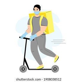 Male courier masked and gloved on a scooter  during the quarantine.  Safe delivery service concept, delivery home and office, stay home. Vector illustration in flat style
