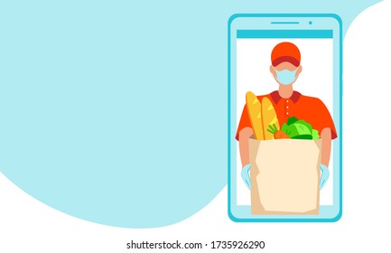 Male courier in a medical mask with a package of products on a smartphone screen. Copy space banner design. Concept of online ordering and delivery. Vector stock illustration.