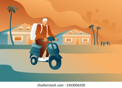A male courier with a messenger bag delivers food on a scooter against a background of flat abstract houses and palm trees. A guy on a scooter goes to the place of the recipient of the delivery.