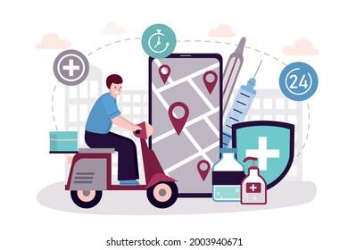 Male courier on moped delivers medicaments. Application for delivering drugs on phone screen. Medical shopping concept, fast delivery. Online pharmacy. Transport company. Self care.Vector illustration