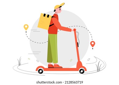 Male courier on a scooter goes to the address. Delivery service concept. Vector illustration.
