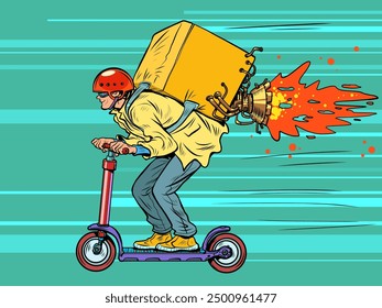 Male courier on a scooter with a jetpack. Fast and high-quality delivery anywhere. Incredible speed of transfer of goods to customers. Pop Art Retro Vector Illustration Kitsch Vintage 50s 60s Style