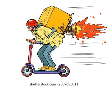 Male courier on a scooter with a jetpack. Fast and high-quality delivery anywhere. Incredible speed of transfer of goods to customers. Pop Art Retro Vector Illustration Kitsch Vintage 50s 60s Style