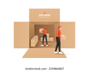 Male courier in orange uniform helps unload parcel from a large warehouse shaped like brown crate to deliver to customers,vector 3d isolated on white background for online shopping and delivery design