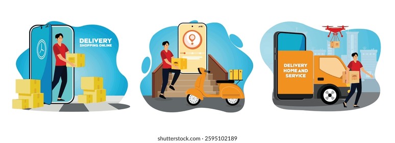 Male courier in an orange uniform holds parcel box and opens a smart phone door. Fast delivery man with motorcycles. Home and office delivery.  Set flat vector modern illustration 