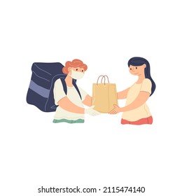 Male courier in protective face medical mask and gloves giving shopping bag order to female customer vector flat illustration. Express order delivery service coronavirus infection spreading prevention