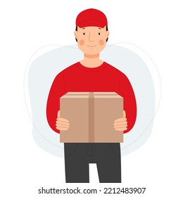 A male courier in a red uniform carries a cardboard box. The man delivers a package. Vector flat illustration.