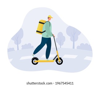 A male courier rides a yellow scooter. Fast delivery.