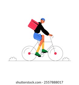 Male Courier Riding Bicycle With Backpack In Flat Vector Illustration Symbolizing Delivery Services, Urban Transportation, And Outdoor Activity, Isolated On White Background