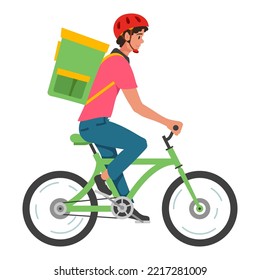 Male courier riding on bike vector flat illustration. Delivery man backpacker supply shipping bicycle goods transportation. Mail carrier biking shipment service bicyclist with bag transport