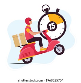 Male courier riding retro scooter with delivery paper box. Fast delivery in 15 minutes.  Flat style vector illustration. Delivery service, online order or food delivery. 