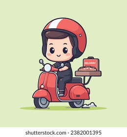 Male courier riding a scooter as a food pizza delivery service worker isolated vector illustration icon concept