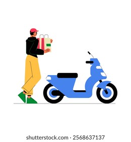 Male Courier With Shopping Bags And Scooter In Flat Vector Illustration Symbolizing Delivery Services, Online Shopping, And Urban Logistics, Isolated On White Background