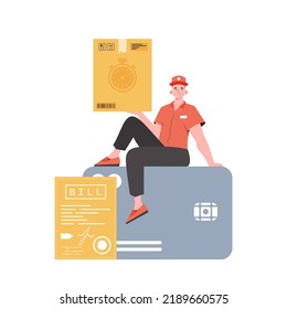 A male courier sits on a bank card and holds a box. Home delivery concept. Isolated. Trendy flat style. Vector.