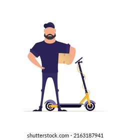 A male courier stands near a scooter and holds a box. Delivery concept. Isolated on a white background.