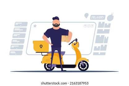 A male courier stands near a scooter and holds a box.