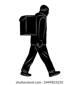 male courier walking silhouette on white background vector