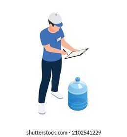 Male courier from water delivery service and plastic bottle for cooler isometric icon vector illustration