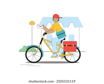 A male courier wearing a hat is delivering a letter to a customer's house, using a bicycle is environmental friendly. Character design. Flat vector illustration