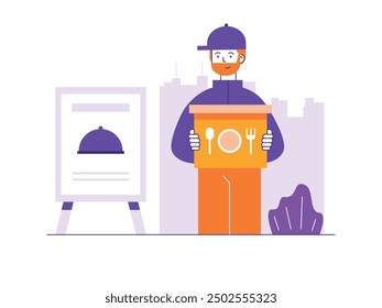 Male courier wearing hat is in restaurant, taking online order to be delivered to customer's home. Character design. Vector flat illustration