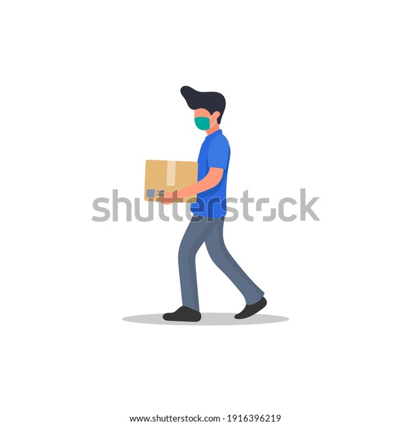 Male courier wearing mask holding package\
icon. Deliveryman carrying box. Shipment app. Logistic worker.\
Postman in blue uniform. Online shopping. Transportation business.\
Flat vector illustration.